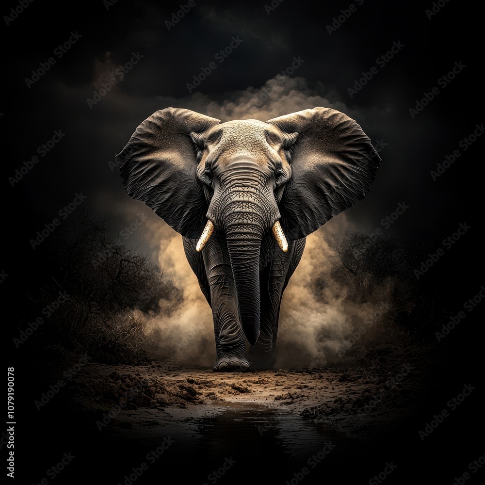 Fototapeta premium A majestic elephant stands prominently in a dramatic, shadowy setting, showcasing its powerful presence and textured skin.