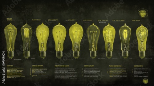 Historical Evolution of Light Bulbs: A Detailed Illustration Showcasing Different Designs and Technologies From Early Incandescence to Modern Innovations in Lighting