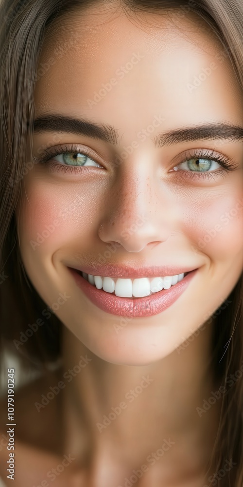 Young woman with green eyes and a bright smile poses softly indoors Young woman with green eyes and a bright smile poses softly indoors