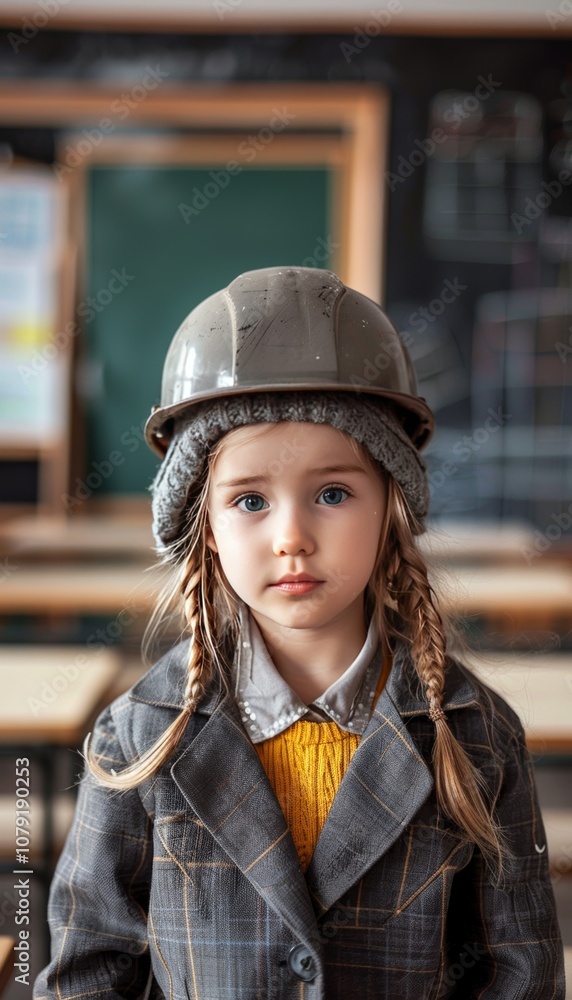 Little girl an architect suit with a helmet, posing in a classroom, representing future ambitions. Little girl an architect suit with a helmet, posing in a classroom, representing future ambitions.