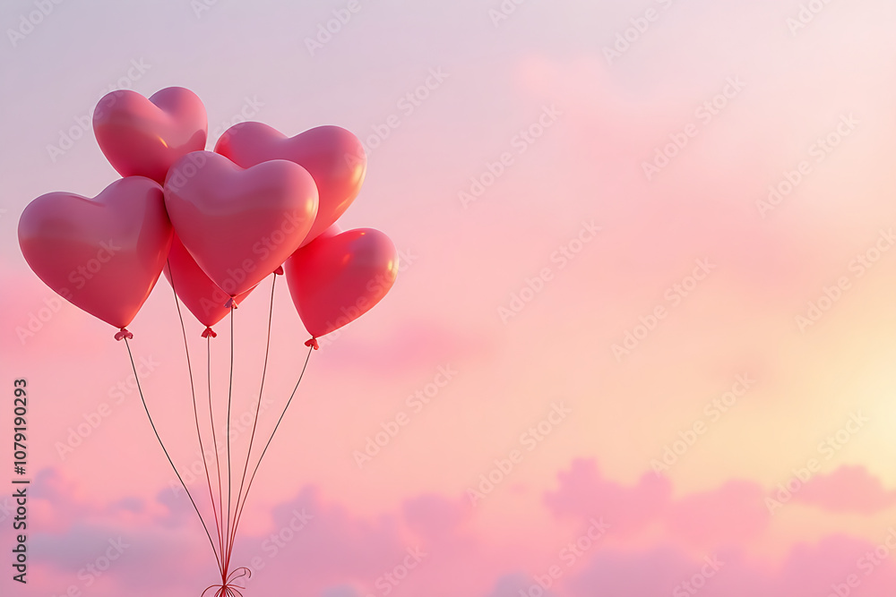 Floating heart-shaped balloons against a pastel sky at sunset: 3D-rendered heart-shaped balloons gently floating in the sky with soft glowing colors from a pastel sunset Floating heart-shaped balloons against a pastel sky at sunset: 3D-rendered heart-shaped balloons gently floating in the sky with soft glowing colors from a pastel sunset