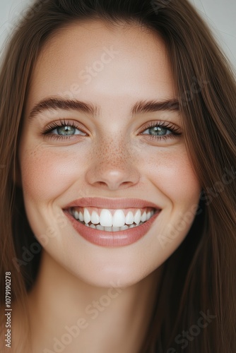 Happy woman with long brown hair and freckles enjoying life