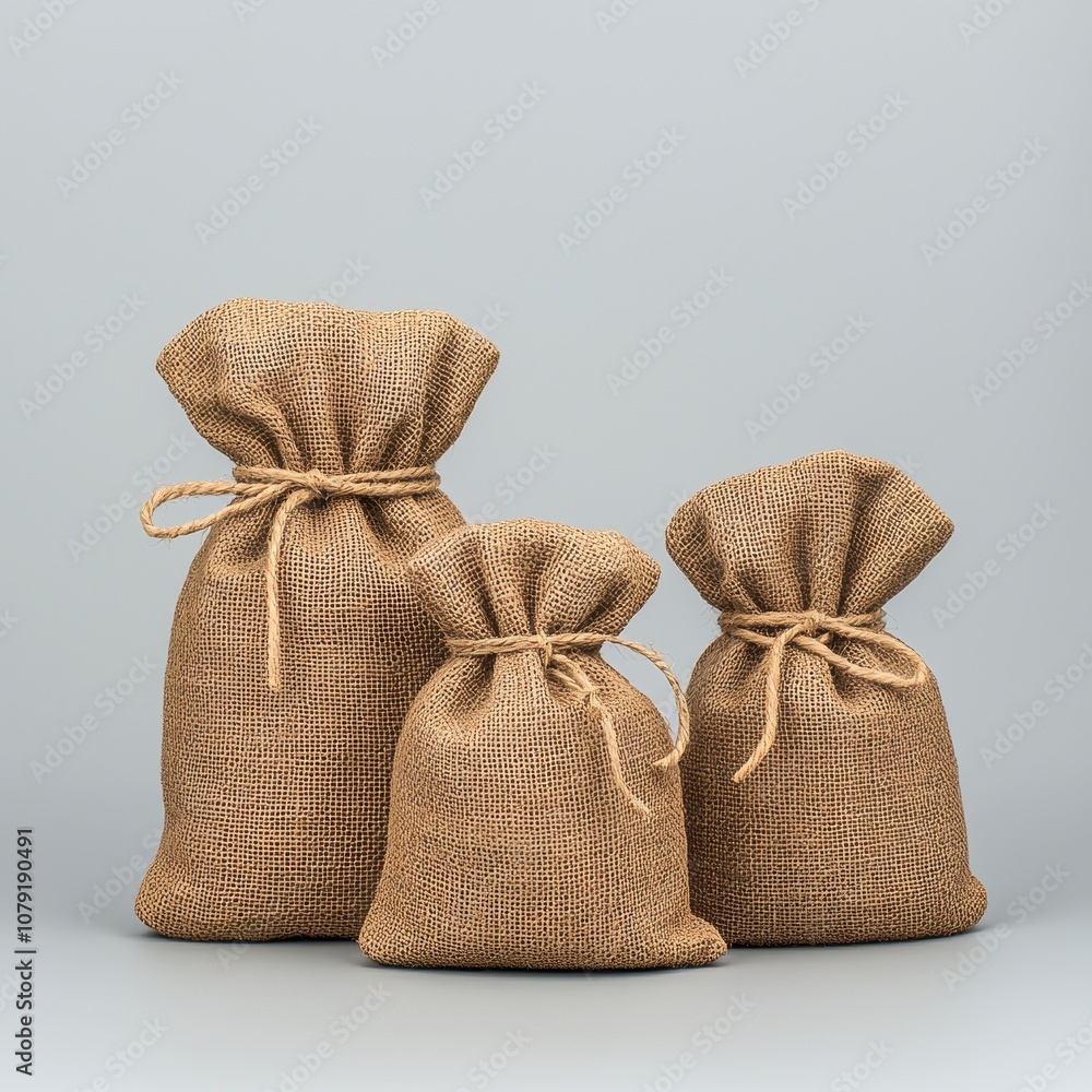 Three rustic burlap bags, tied with twine, displayed in various sizes against a neutral background. Three rustic burlap bags, tied with twine, displayed in various sizes against a neutral background.