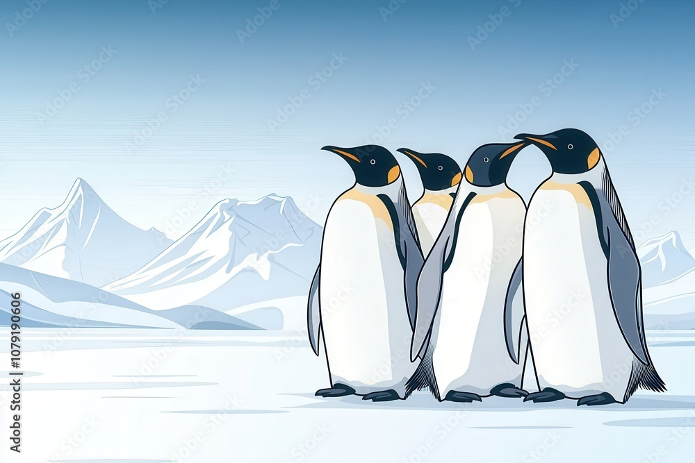 Obraz premium Four penguins stand together in a snowy landscape with mountains in the background, showcasing a serene Arctic environment.