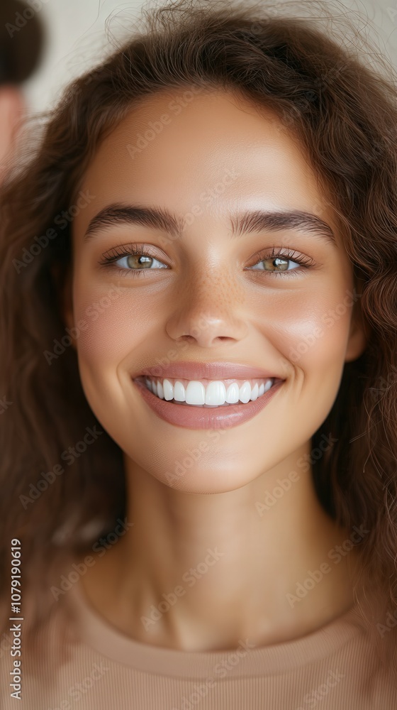 Smiling woman with curly hair in natural light indoors