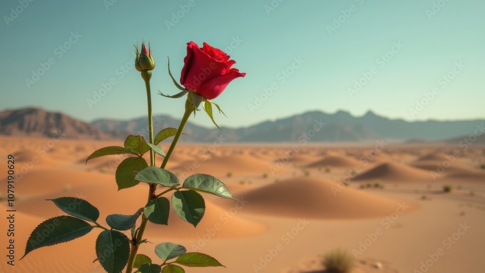 A vibrant red rose blooms confidently among endless golden sand dunes, highlighting the contrast between nature and the arid desert. The scene conveys a sense of beauty and resilience A vibrant red rose blooms confidently among endless golden sand dunes, highlighting the contrast between nature and the arid desert. The scene conveys a sense of beauty and resilience