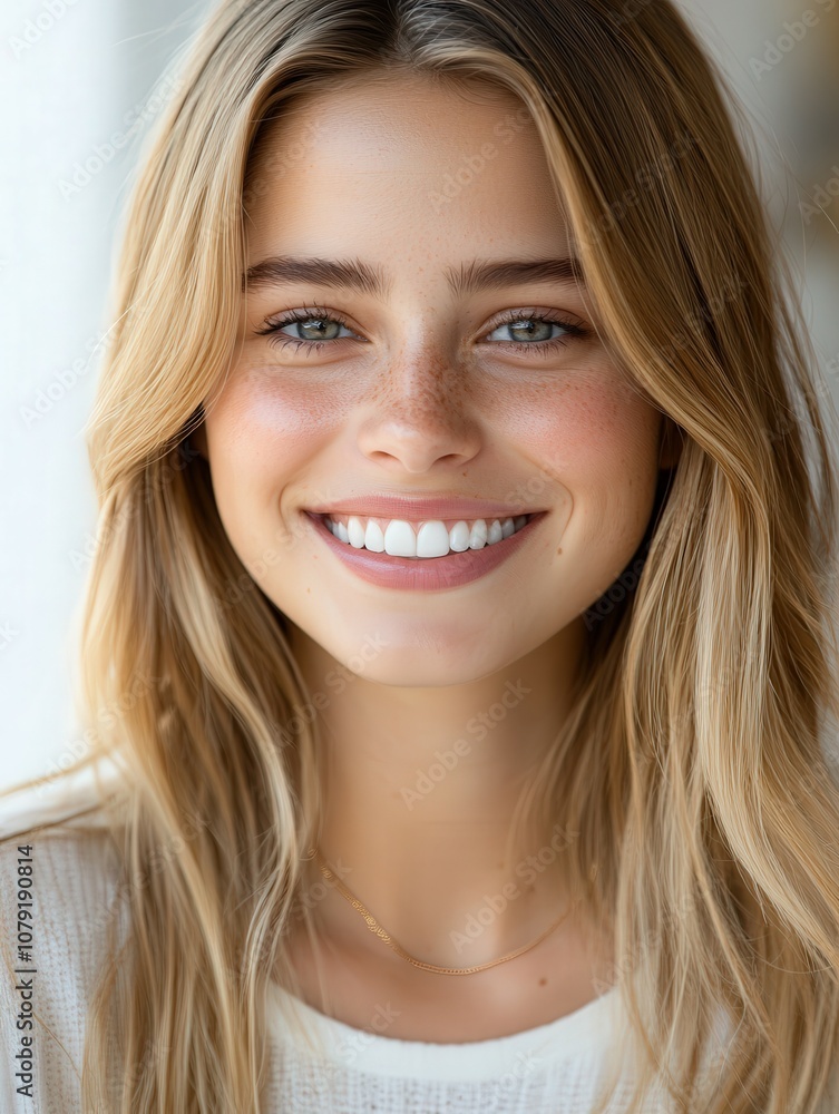 Cheerful young woman with long hair smiles brightly indoors Cheerful young woman with long hair smiles brightly indoors