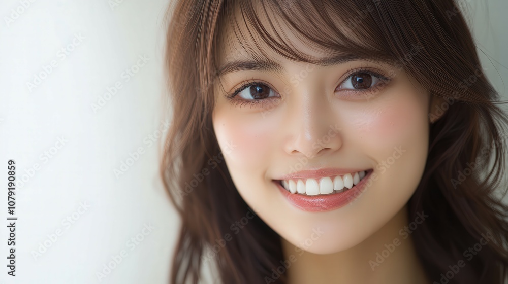 A young woman smiles brightly against a light background in natural light A young woman smiles brightly against a light background in natural light