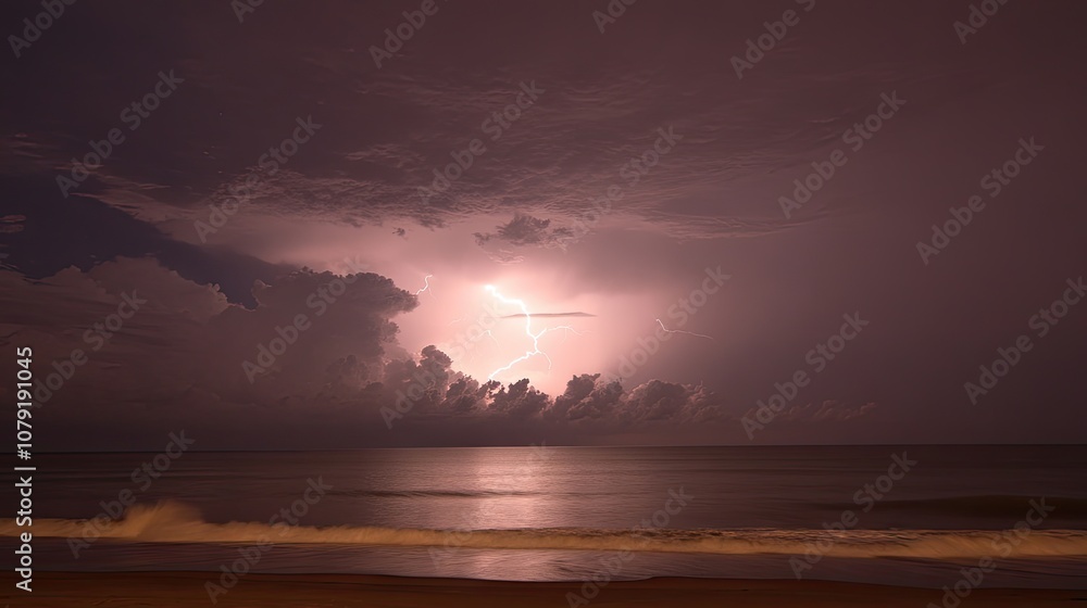 Dramatic Lightning Strikes Over Ocean Waves During a Stormy Night with Dark Clouds and Reflections from Moonlight on Water Surface Dramatic Lightning Strikes Over Ocean Waves During a Stormy Night with Dark Clouds and Reflections from Moonlight on Water Surface