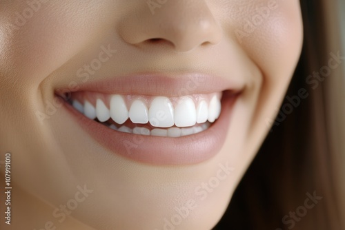 Bright smile of a young woman showcasing healthy teeth in natural light photo