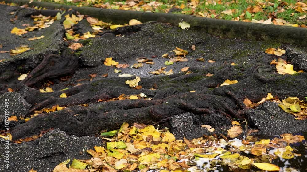 Thick tree roots breaking through asphalt pavement with vibrant autumn leaves in urban park setting Thick tree roots breaking through asphalt pavement with vibrant autumn leaves in urban park setting
