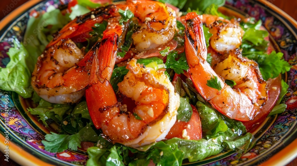 Vibrant Thai Salad with Grilled Shrimp on Decorative Plate - Ultra-Detailed Culinary Delight from Above Vibrant Thai Salad with Grilled Shrimp on Decorative Plate - Ultra-Detailed Culinary Delight from Above