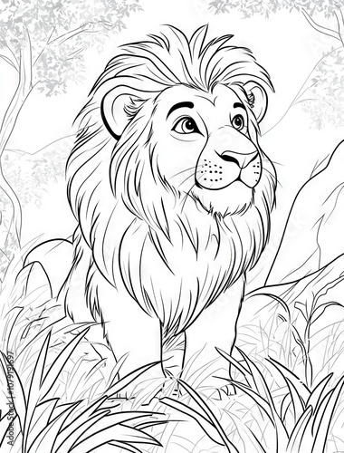 Line art coloring page of a lion in the savanna