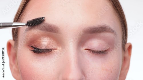 Permanent make-up for eyebrows of beautiful woman in beauty salon. Closeup beautician doing eyebrows tattooing. Collage before and after the procedure. photo