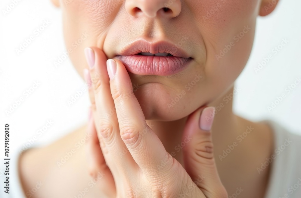 Fototapeta premium Close-up of person touching jaw and cheek, showing pain or discomfort
