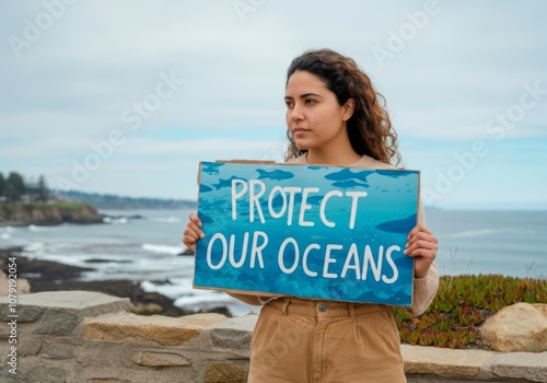 Activist holding sign to protect oceans with scenic coastal background photo