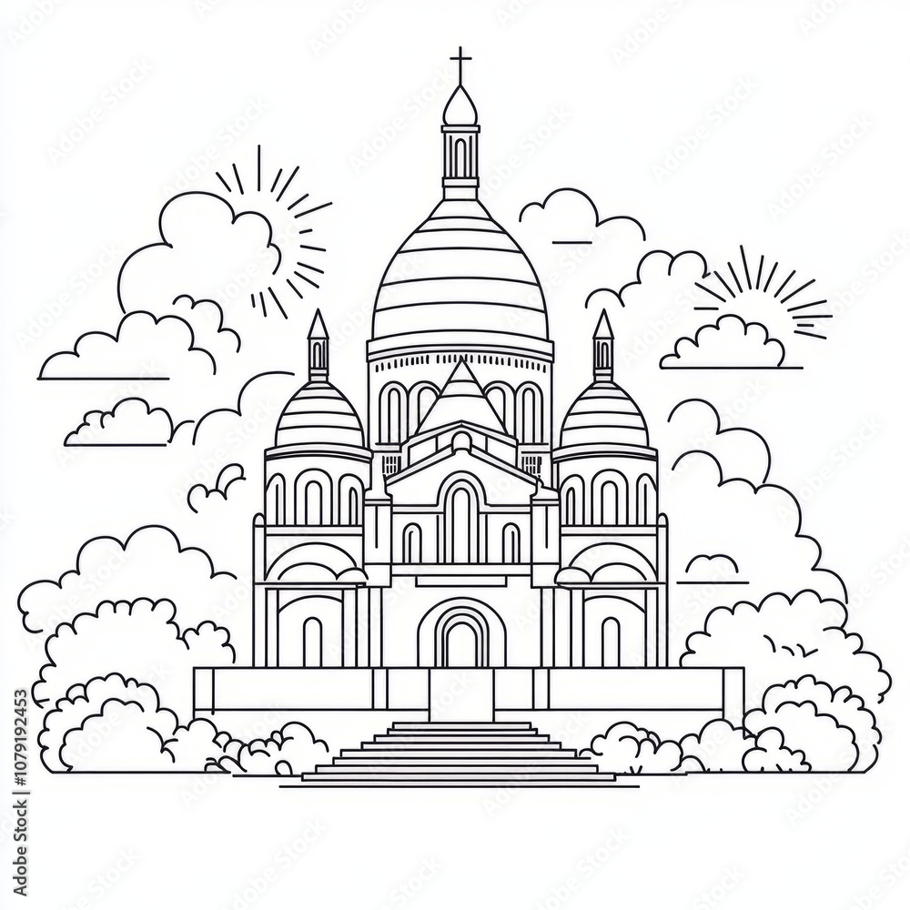 Outlined illustration of a church with steps and greenery. Outlined illustration of a church with steps and greenery.