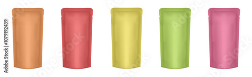 Set of realistic foil pouches. Flexible pet food bags. Yellow, green, pink, red and orange foil bags. Plastic sachet for coffee, candy, shack or nuts. Dog food pouch	