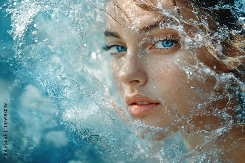 A close-up portrait of a woman with bright blue eyes surrounded by swirling water droplets A close-up portrait of a woman with bright blue eyes surrounded by swirling water droplets