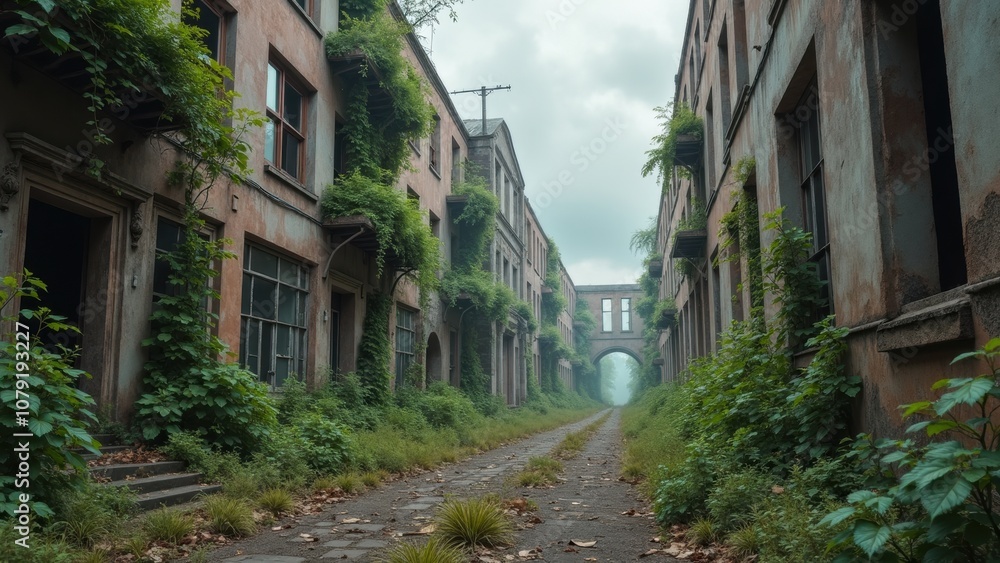 The view showcases a neglected building complex, where nature has reclaimed the space. Lush greenery envelops the cracks, revealing a peaceful yet eerie atmosphere The view showcases a neglected building complex, where nature has reclaimed the space. Lush greenery envelops the cracks, revealing a peaceful yet eerie atmosphere