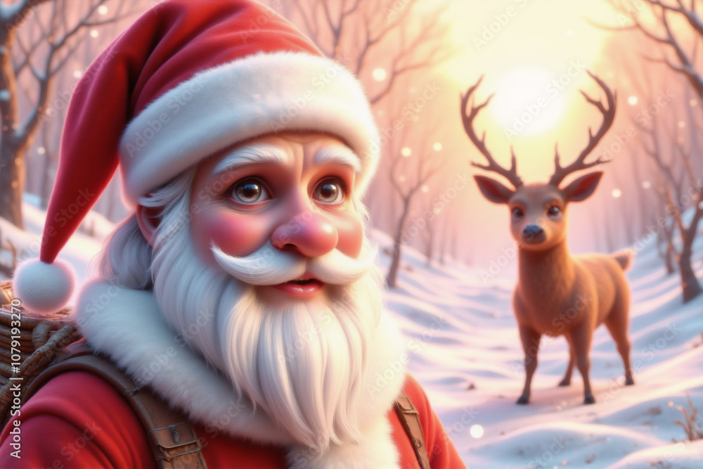 Portrait of Santa Claus with a basket (fragment) with gifts behind his back on a watercolor background of a winter forest. In the background is a reindeer in sunlight. AI generative. Portrait of Santa Claus with a basket (fragment) with gifts behind his back on a watercolor background of a winter forest. In the background is a reindeer in sunlight. AI generative.