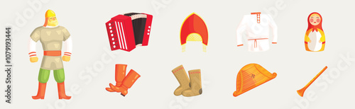 Russian Slavic Object and Famous Symbol Vector Illustration Set