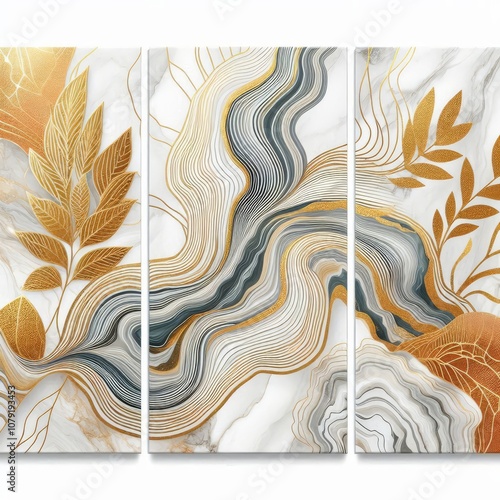 floral functional canvas art, watercolor geode painting. Golden wavy shapes lines and leaves in white marble for wall decor 