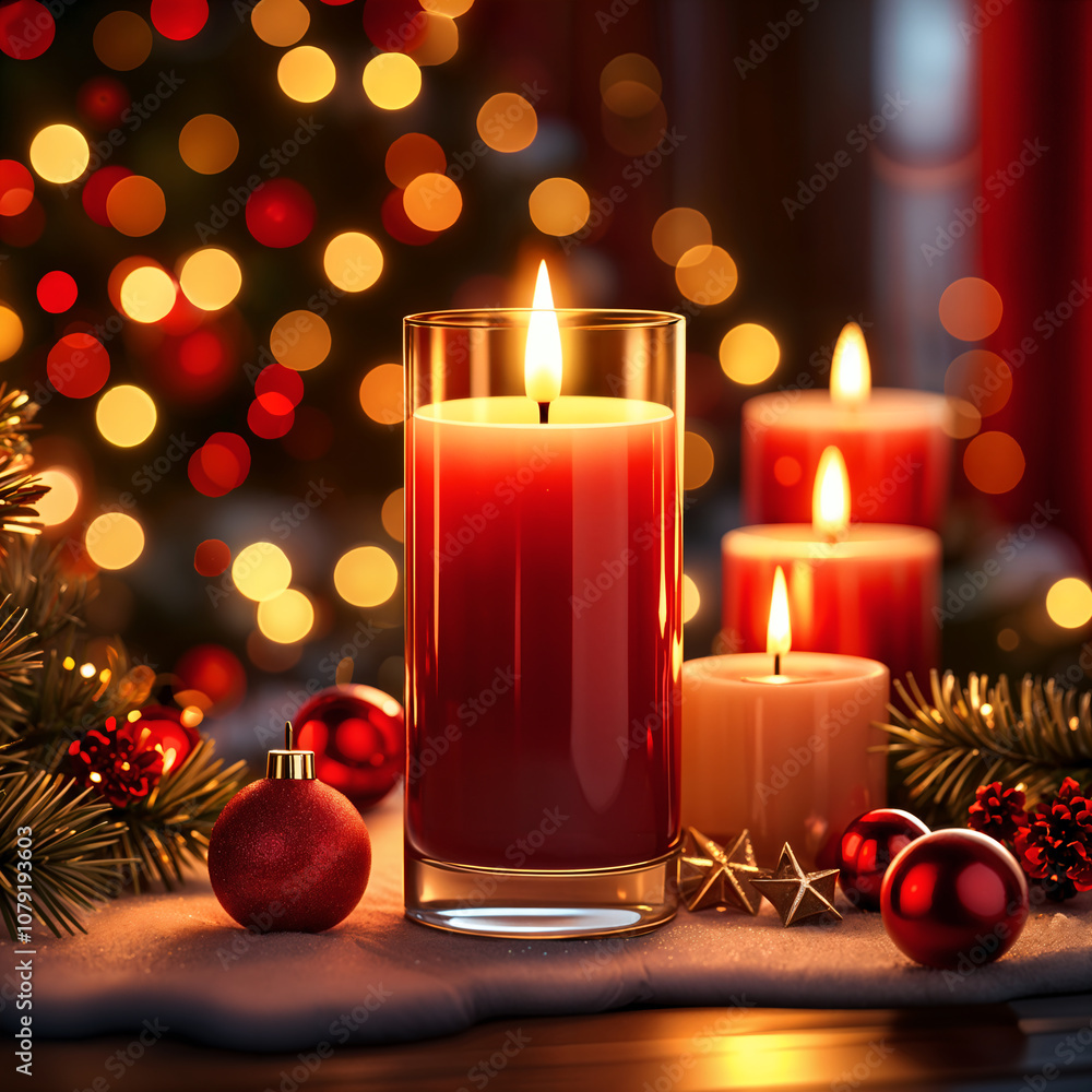 Festive Christmas scene with a red candle in a glass holder as the centerpiece, surrounded by lit candles and Christmas decorations. Festive Christmas scene with a red candle in a glass holder as the centerpiece, surrounded by lit candles and Christmas decorations.