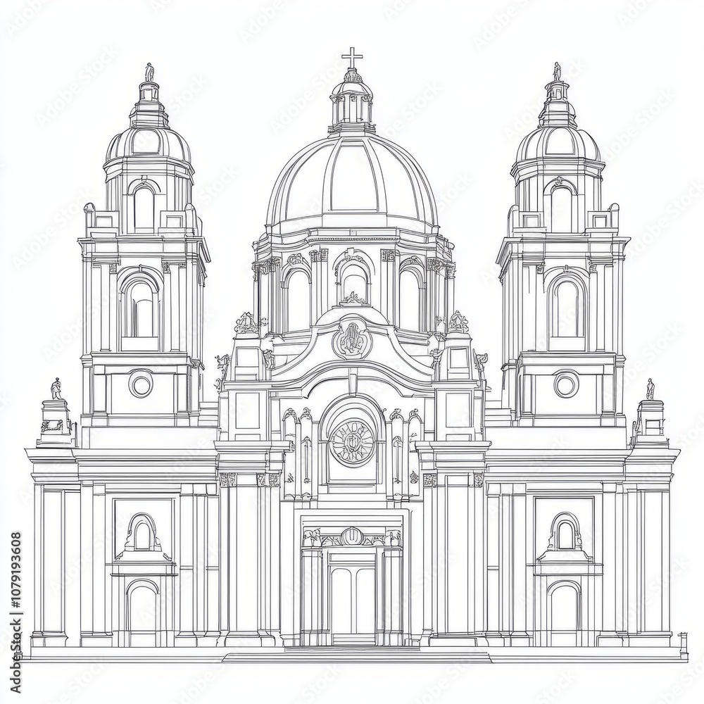 Line drawing of a large, ornate church Line drawing of a large, ornate church
