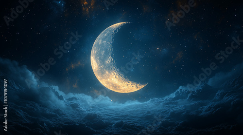 Serene Crescent Moon Embraced by Glowing Stars in Indigo Night - Generative AI