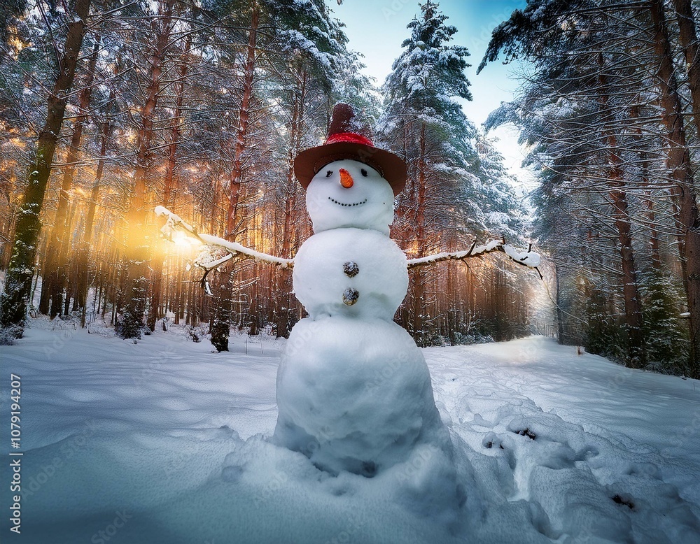 Obraz premium Muñeco de nieve con cara de alegría, en un bosque nevado.