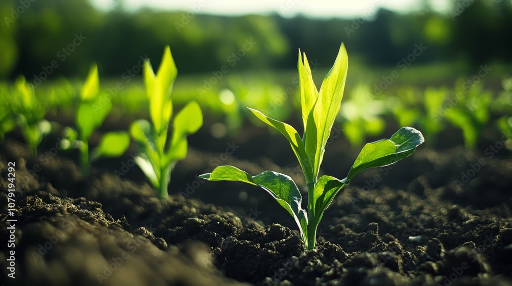 The image presents a vivid scene where bright green plant shoots are sprouting from rich, dark soil, representing growth, renewal, and the robust vitality of agriculture illuminated by warm sunlight The image presents a vivid scene where bright green plant shoots are sprouting from rich, dark soil, representing growth, renewal, and the robust vitality of agriculture illuminated by warm sunlight