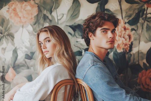 A young couple sits together against a floral wallpaper background, both looking thoughtfully into the distance. The setting feels artistic and slightly nostalgic. photo