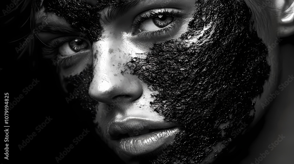 Fototapeta premium Dark portrait: woman with textured black material on her face, black and white photography, monochrome, chiaroscuro. Chiaroscuro. Illustration