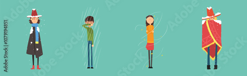 People Character Freezing Outside at Cold Snowy Weather Vector Set