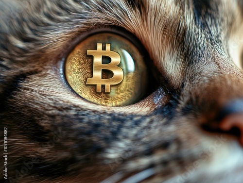 Portrait of a cat closeup, in whose eyes a symbol of bitcoin, electronic crypto currency