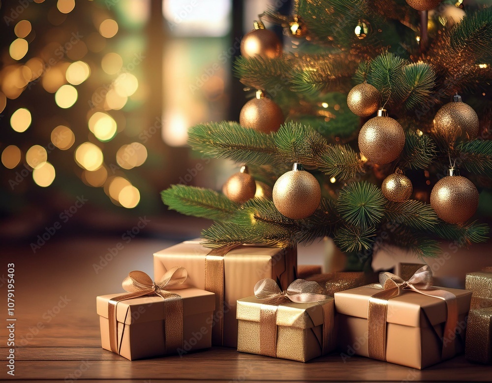 Regalos debajo del Arbol de Navidad con adronos y luces navideñas Regalos debajo del Arbol de Navidad con adronos y luces navideñas