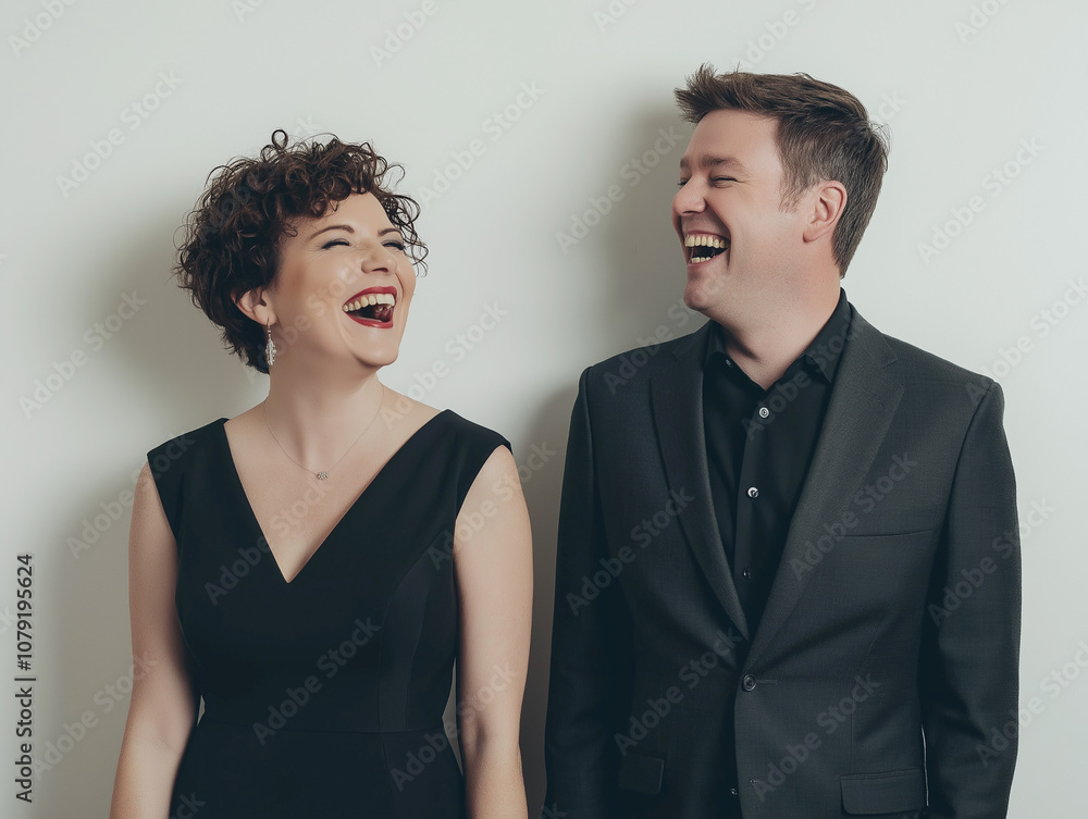 Happy couple sharing a joyful moment, dressed in semi-formal attire and laughing heartily. The warm and playful atmosphere reflects companionship and happiness. Happy couple sharing a joyful moment, dressed in semi-formal attire and laughing heartily. The warm and playful atmosphere reflects companionship and happiness.