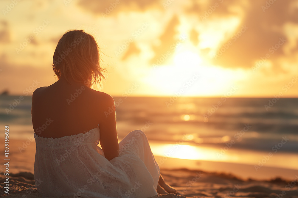 Woman sitting alone on the beach at sunrise, contemplating the beauty of the ocean. The warm light highlights a moment of reflection and solitude with ample copy space. Woman sitting alone on the beach at sunrise, contemplating the beauty of the ocean. The warm light highlights a moment of reflection and solitude with ample copy space.
