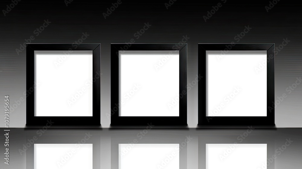 Blank Black Frames with Reflections on a Dark Background, Perfect for Displaying Photographs or Artwork in a Minimalist Style for Creative Projects Blank Black Frames with Reflections on a Dark Background, Perfect for Displaying Photographs or Artwork in a Minimalist Style for Creative Projects