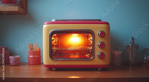 A vintage yellow and red toaster oven with a glowing interior, sitting on a wooden countertop in a kitchen.