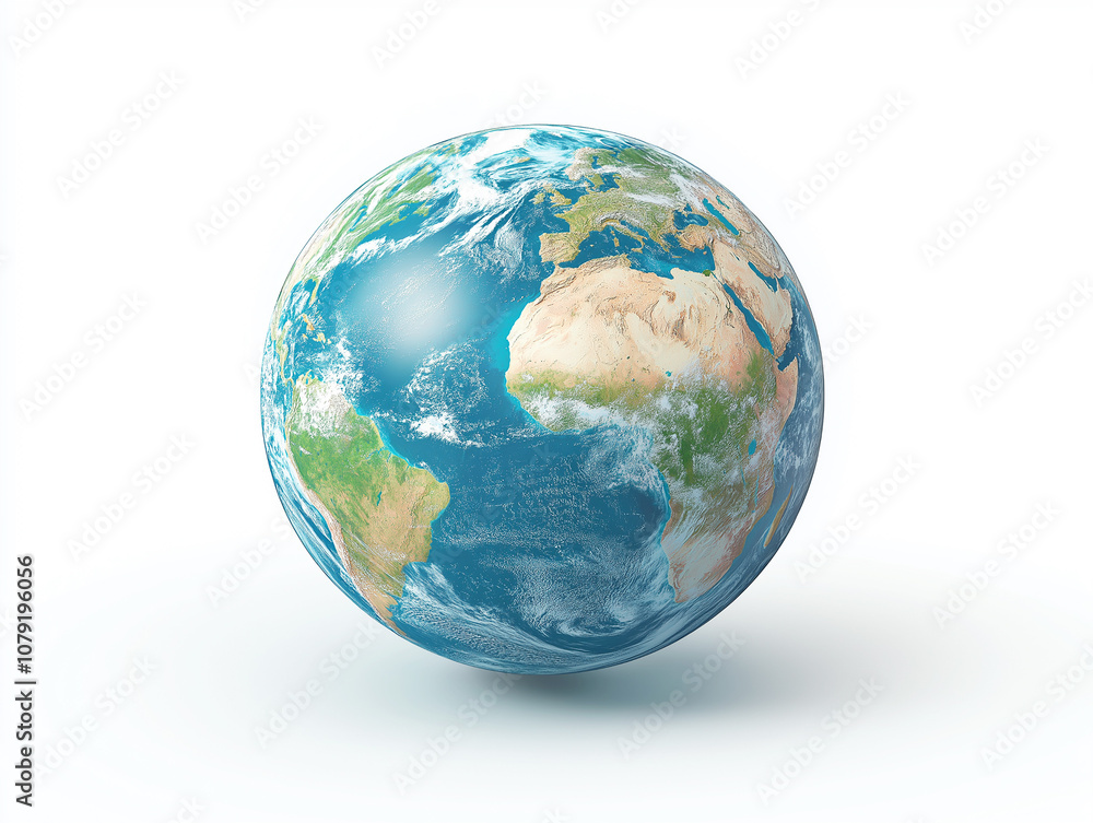 Obraz premium Globe showing Earth's continents with realistic colors against a white background, ideal for educational and environmental concepts. Space for copy.