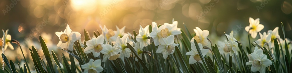 Naklejka premium Spring Daffodils. Group of Blooming Daffodils in Garden, Sunlight Filtering through Blossom