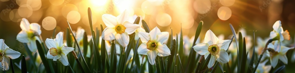 Spring Daffodils. Sunlit Blossoming Narcissus Flowers in a Garden Spring Daffodils. Sunlit Blossoming Narcissus Flowers in a Garden
