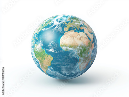 Globe showing Earth's continents with realistic colors against a white background, ideal for educational and environmental concepts. Space for copy.