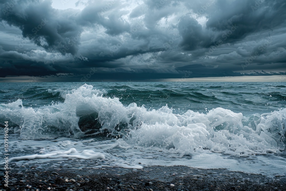 Fototapeta premium Stormy Water. Dark Clouds and Sea Wave on Coastal Background