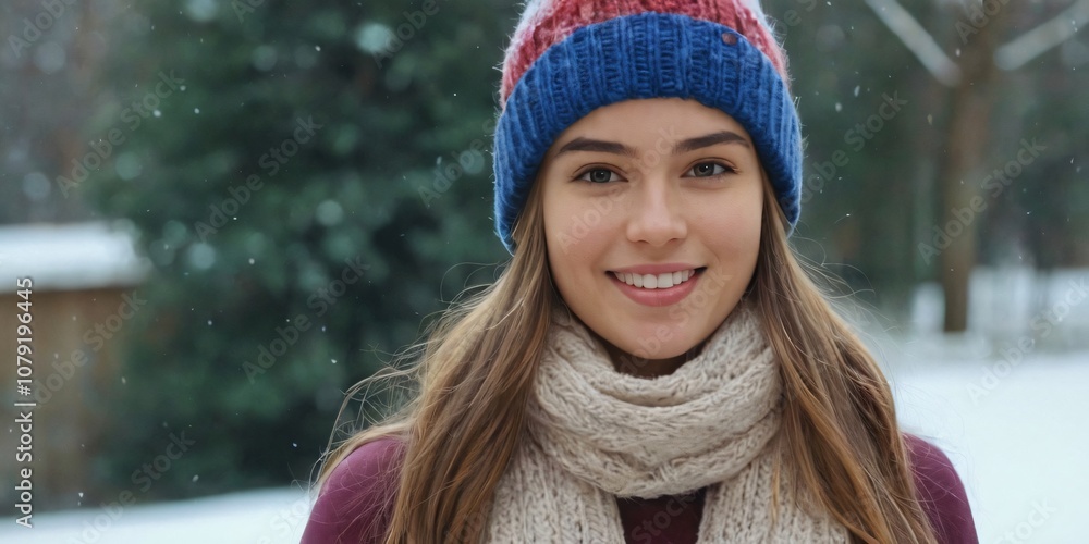 A young woman enjoys a winter day in a snowy park, wearing a cozy knitted hat and scarf A young woman enjoys a winter day in a snowy park, wearing a cozy knitted hat and scarf