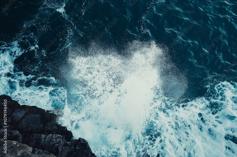 Fototapeta premium Powerful ocean waves crashing against dark rocks, showing the raw energy and force of nature. Captivating seaside scene with dramatic effect.