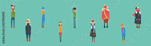 People Character Freezing Outside at Cold Snowy Weather Vector Set