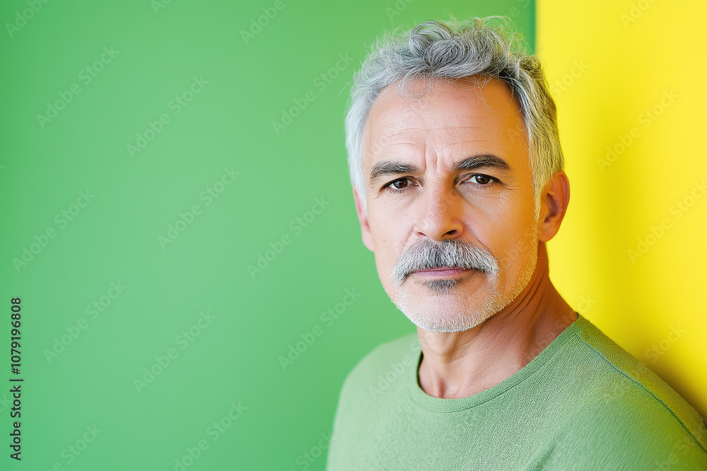 Obraz premium Portrait of an older man with a mustache, gray hair, and green sweater against a vibrant green background, presenting a confident and approachable demeanor.